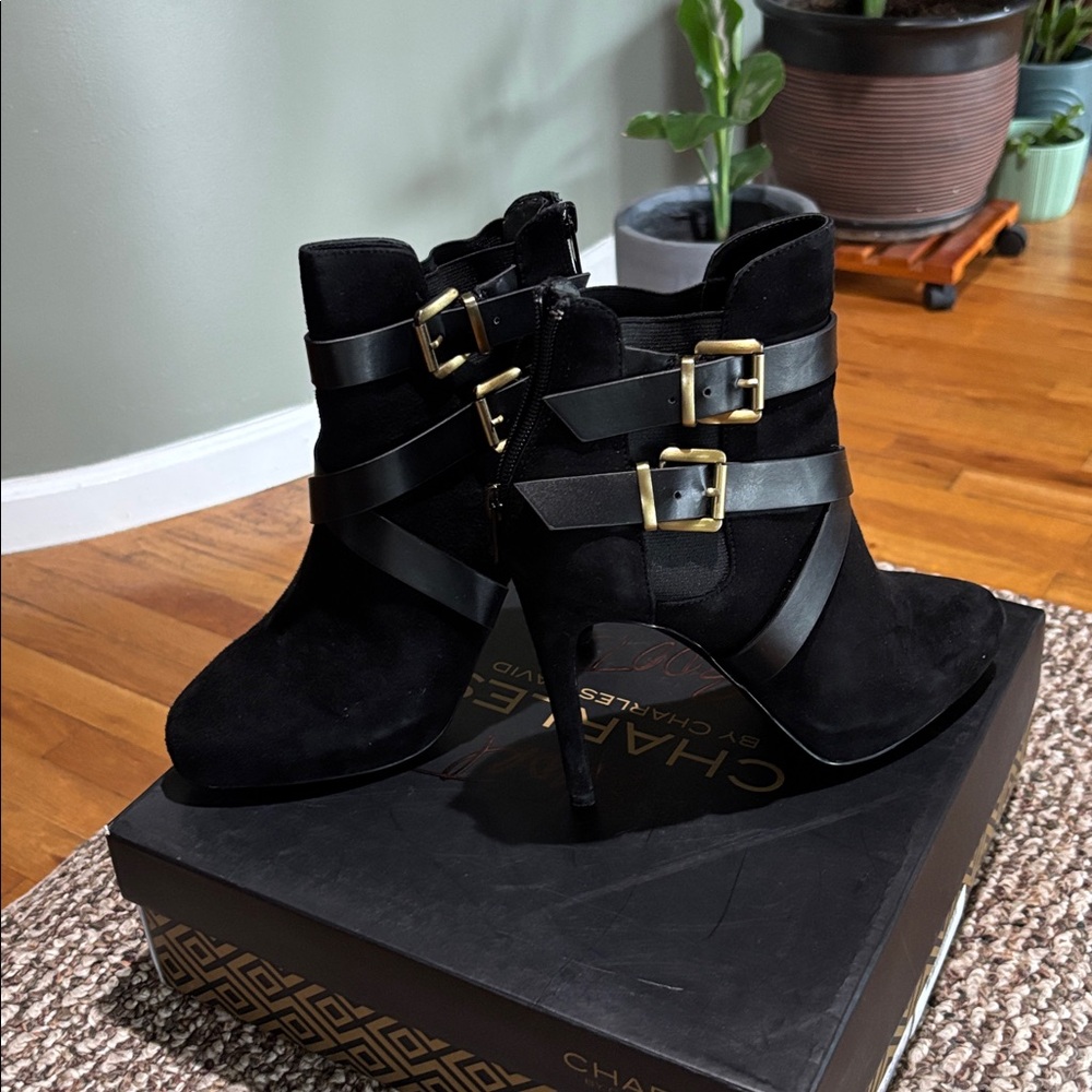 Black Suede Ankle Boots with Buckle Straps